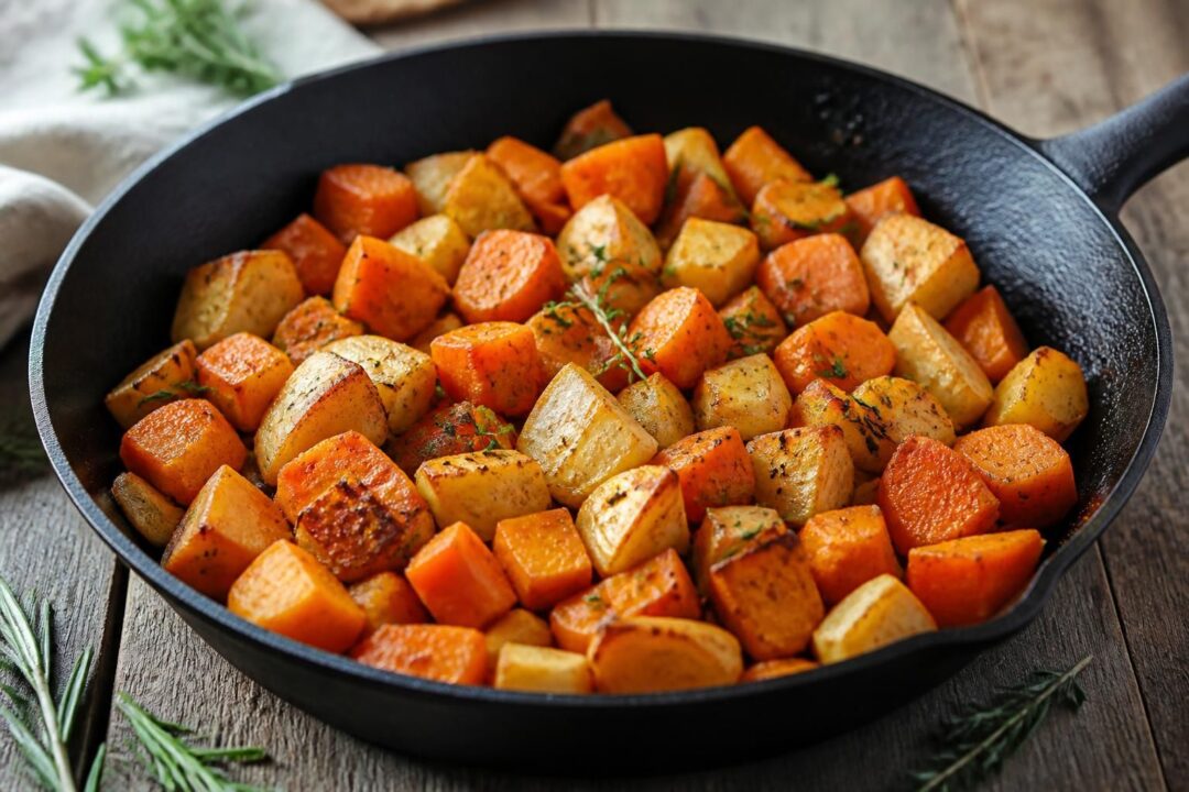 découvrez notre délice automnal avec une poêlée savoureuse de panais, carottes et patates douces, parfaite pour réchauffer vos repas de saison.