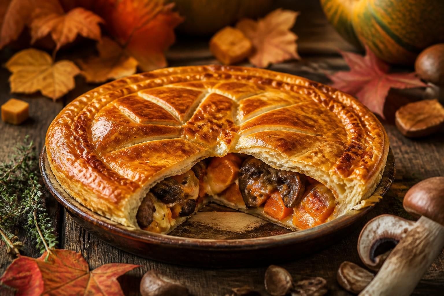 savourez l'automne avec notre tourte gourmande au butternut, edam et champignons, une recette réconfortante aux saveurs riches et délicates.