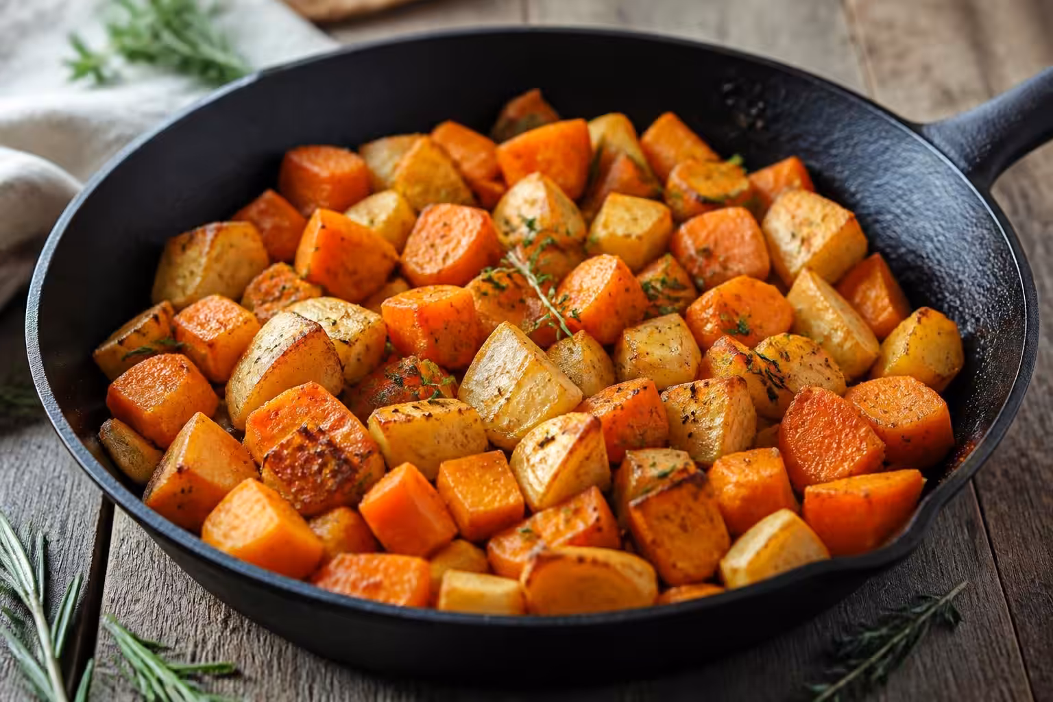 découvrez notre délice automnal avec une poêlée savoureuse de panais, carottes et patates douces, parfaite pour réchauffer vos repas de saison.